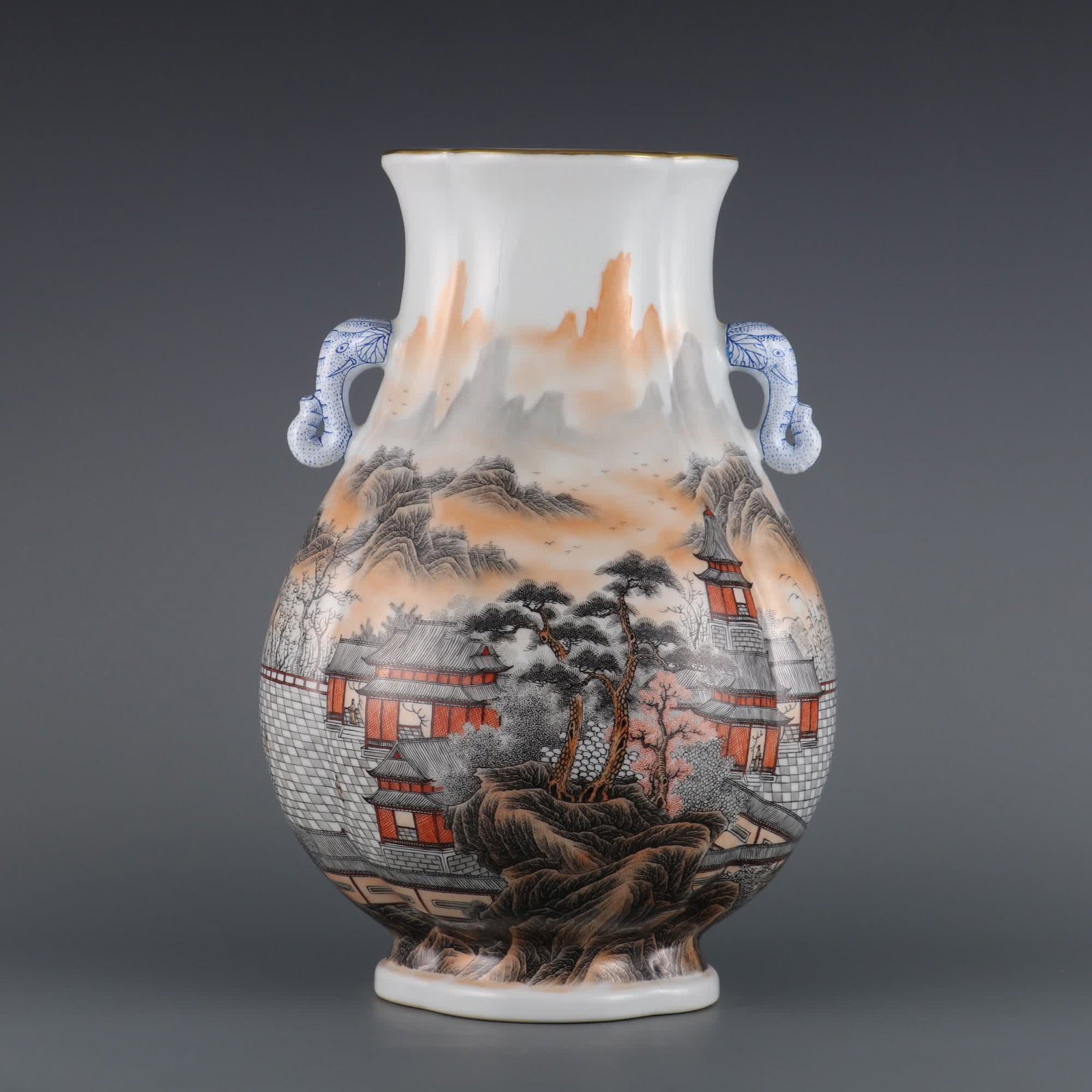 A Qing Dynasty Qianlong year alum red ink color landscape pavilion elephant ear melon diamond statue: Qing Dynasty Qianlong Year Alum Red Ink Color Landscape Pavilion Elephant Ear Melon Lingzun SIZE: H:37cm MouthD:15.2cm (The Dimensions Of All Batches Are Manually Measured.If You Need More Detailed