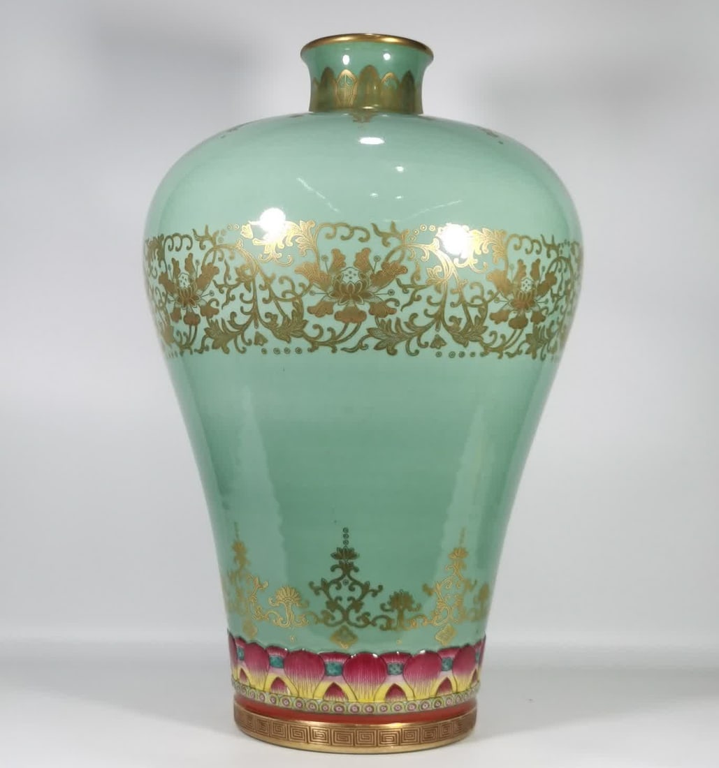 A Qing Dynasty Qianlong bean celadon gold-painted entwined lotus flower plum vase (1 of 9)