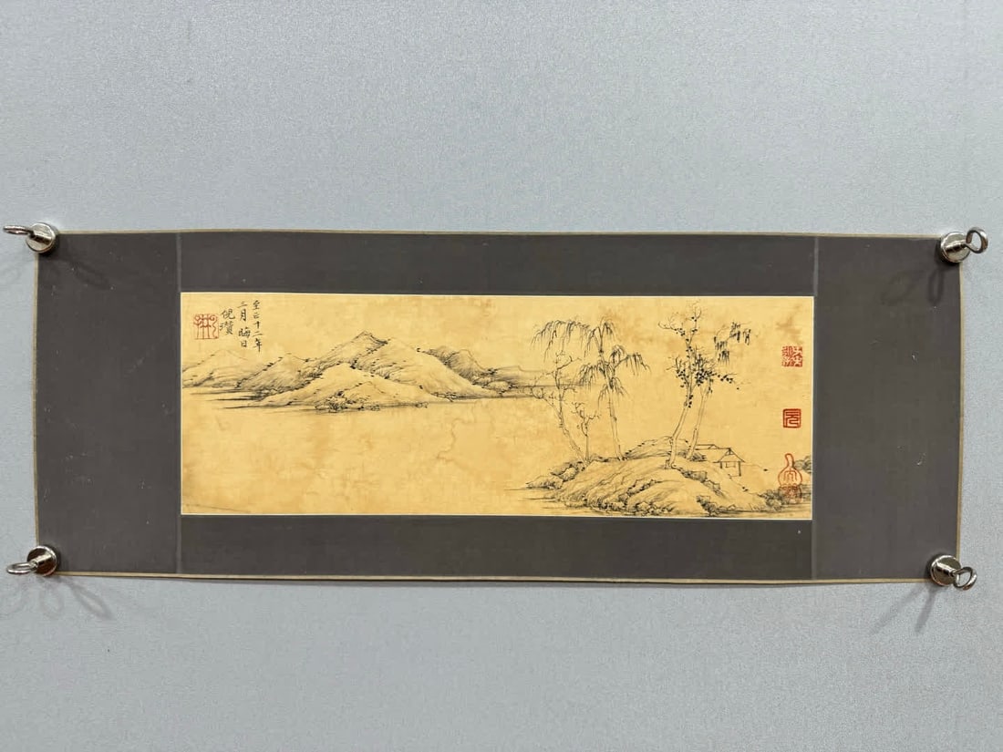 A picture of Ni Zan's ink landscape mirror: Ni Zan's ink landscape mirror picture SIZE: Painting core18x51cm (The Dimensions Of All Batches Are Manually Measured.If You Need More Detailed Information, Please Contact Our Customer Service Before 