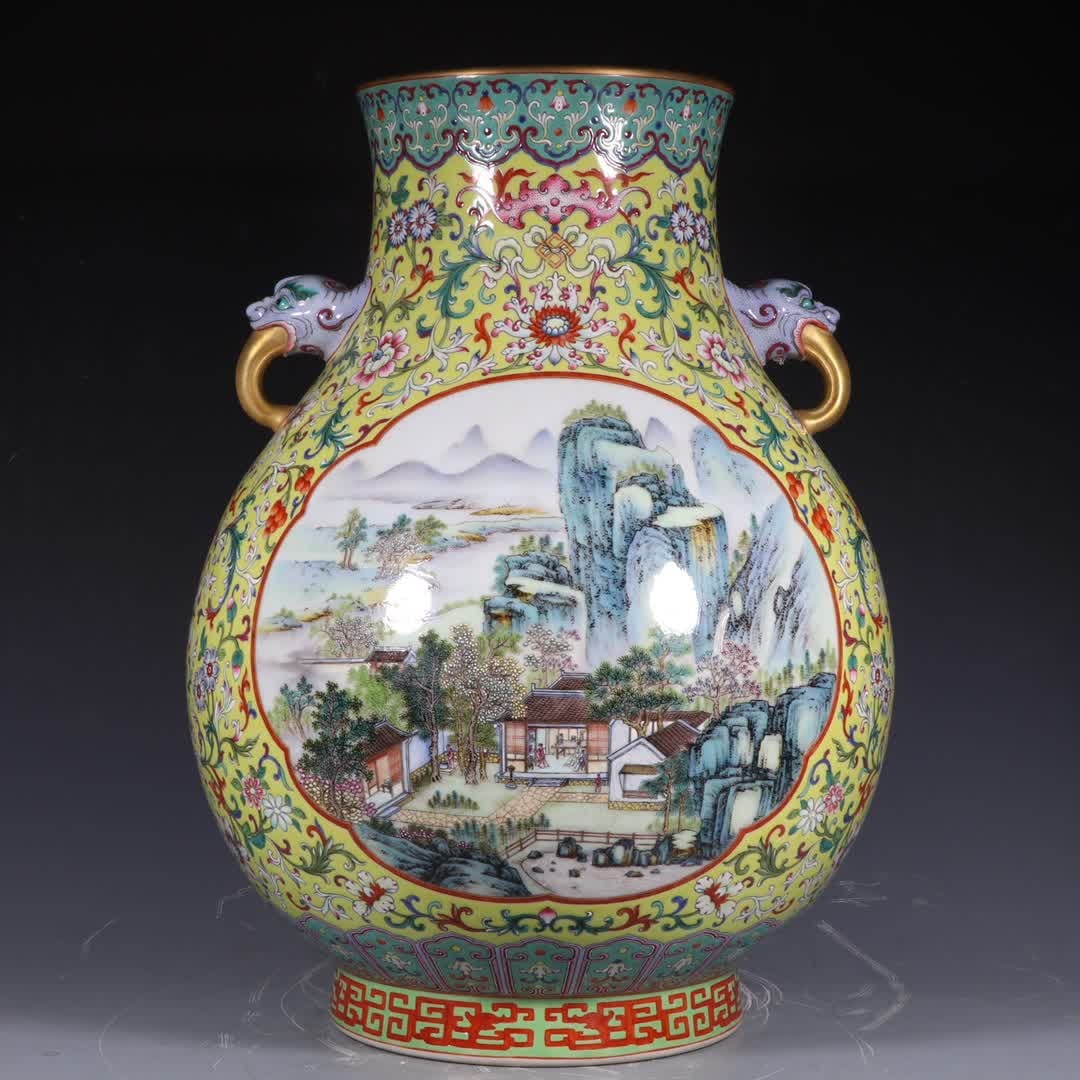 A piece made in the Qianlong period of the Qing Dynasty yellow pastel entwined flower window: Qianlong year of the Qing Dynasty yellow background pastel entwined flower window landscape amphora SIZE: H: 50.5cm MouthD: 20cm Foot diameter 22cm (The Dimensions Of All Batches Are Manually Measured