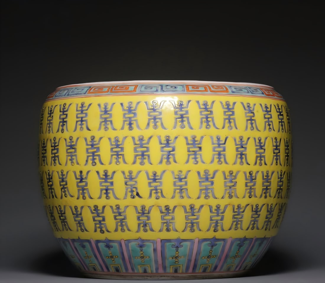 A piece of Qing Dynasty yellow ground blue glaze Wanshou pattern washed (1 of 9)