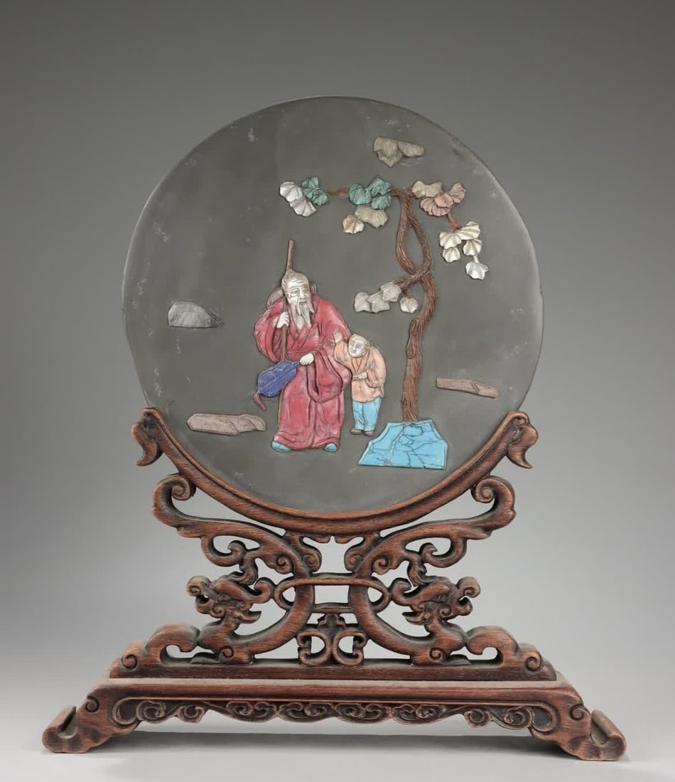 A piece of Qing Dynasty Huanghuali base inkstone inlaid with a multi-treasure insert screen: Qing Dynasty Huanghuali base inkstone inlaid with multi-treasure insert screen SIZE: H: 31cm L: 26.5cm W: cm stone 20.3cm W: 1455g (The Dimensions Of All Batches Are Manually Measured.If You Need