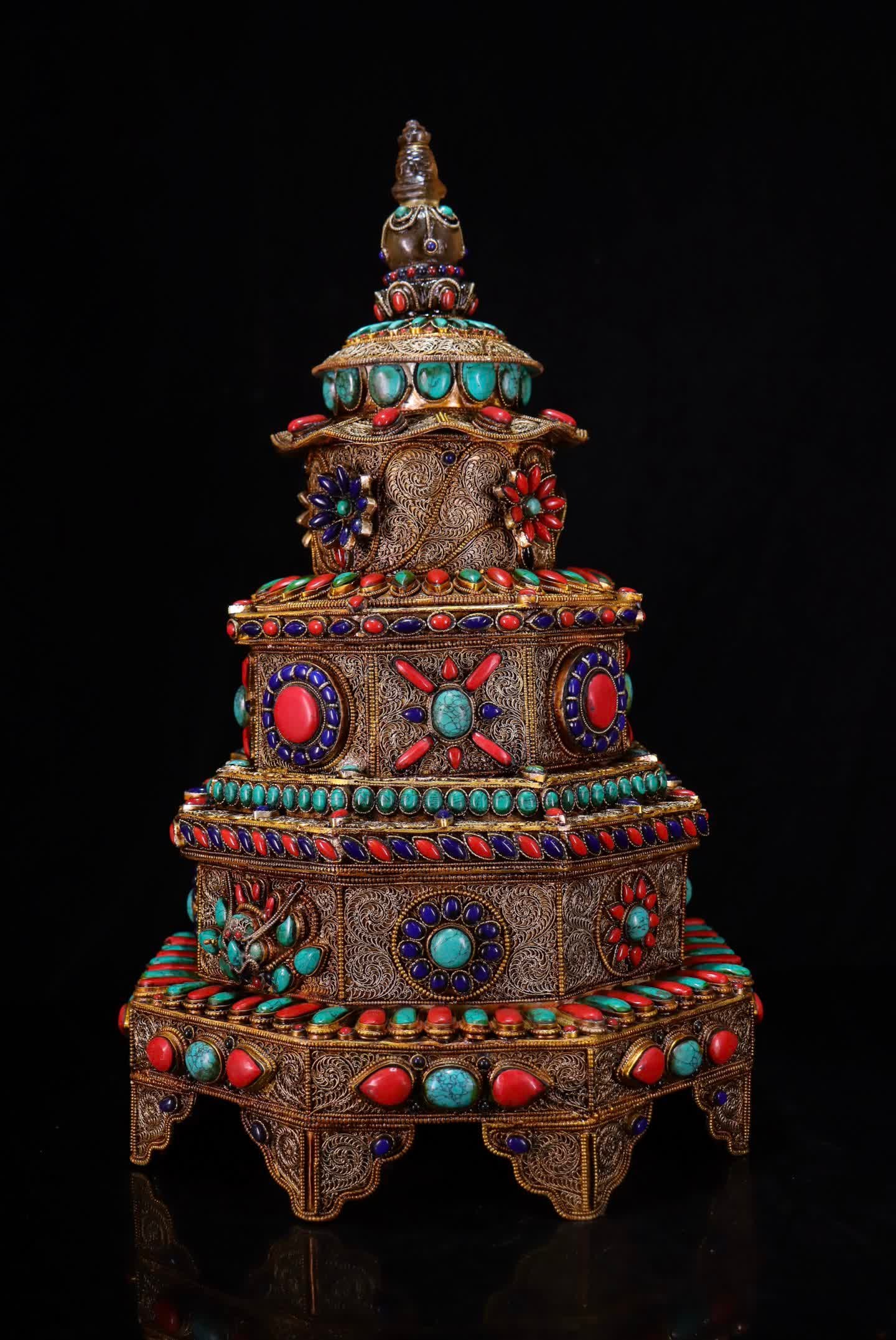 A Qing Dynasty Tibetan silver cloisonné inlaid gemstone pagoda: Qing Dynasty Tibetan silver cloisonné inlaid gemstone pagoda SIZE: H:45cm W:26cm (The Dimensions Of All Batches Are Manually Measured.If You Need More Detailed Information, Please Contact Our