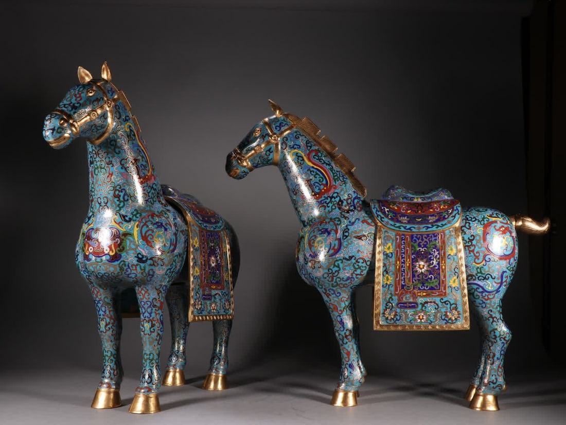 A pair of copper-gilt cloisonné horse ornaments: A pair of copper-gilt cloisonné horse ornaments SIZE: H: 50.8cm W: 54cm Single W: 5.5kg (The Dimensions Of All Batches Are Manually Measured.If You Need More Detailed Information, Please Contact Our