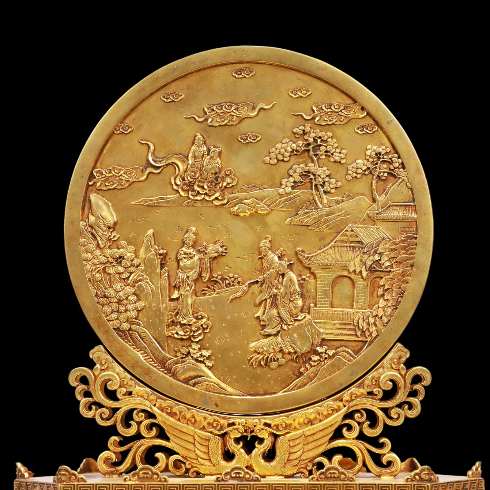 A Exquisite Gilt Bronze Landscape and Figure Pattern Lotus Pattern Screen - 2