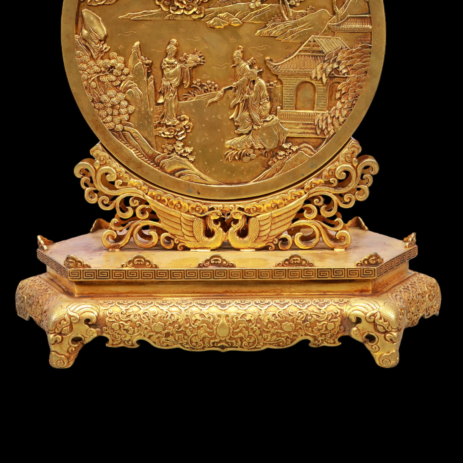 A Exquisite Gilt Bronze Landscape and Figure Pattern Lotus Pattern Screen - 3
