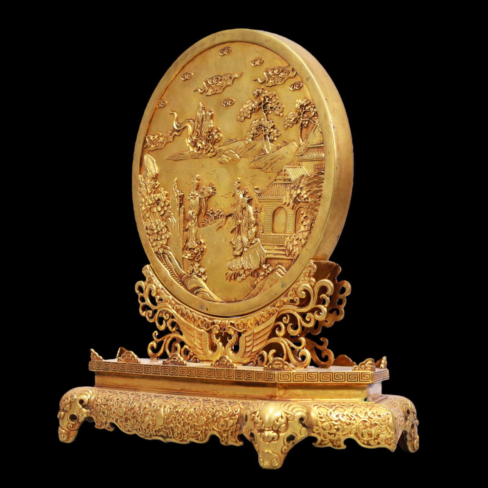A Exquisite Gilt Bronze Landscape and Figure Pattern Lotus Pattern Screen - 4