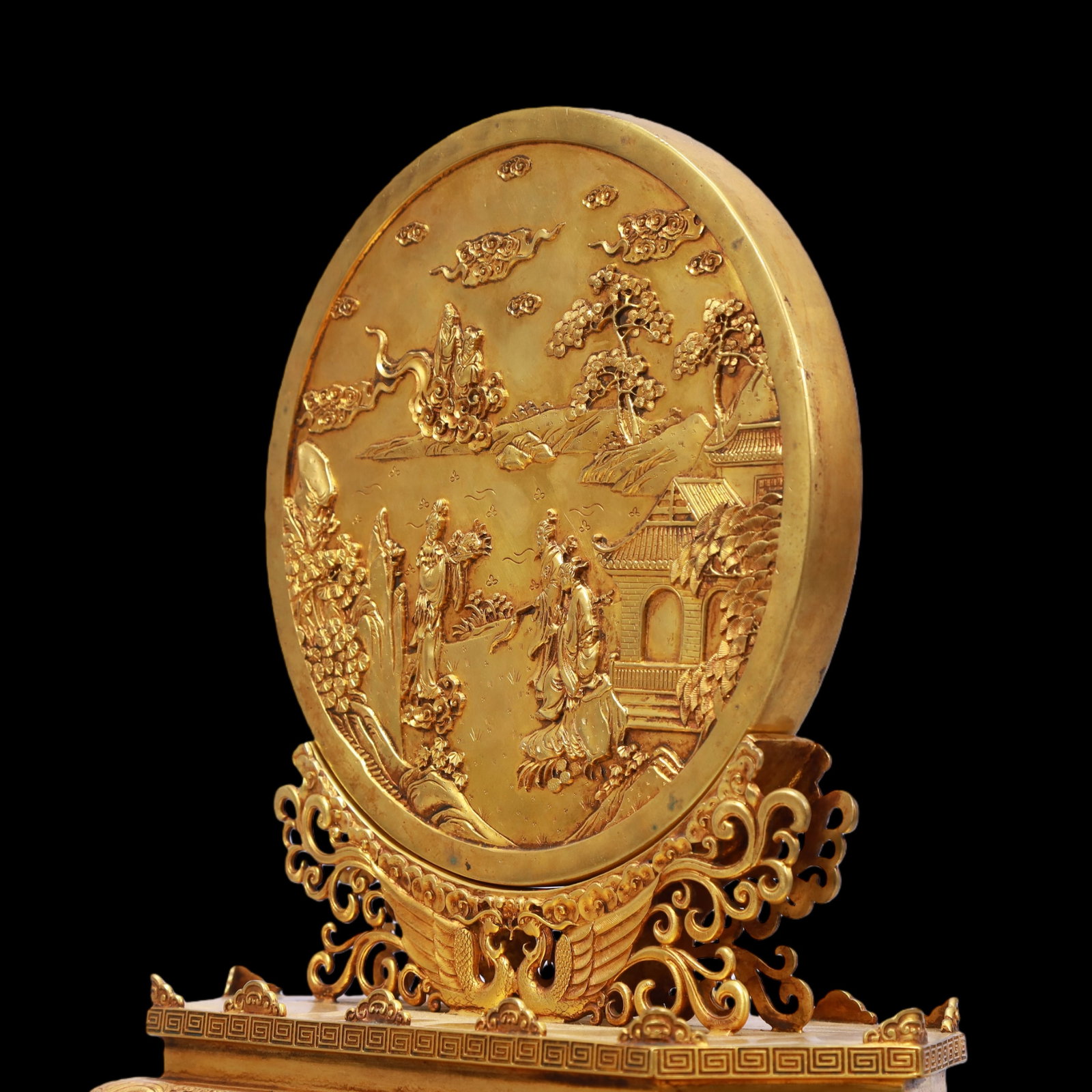 A Exquisite Gilt Bronze Landscape and Figure Pattern Lotus Pattern Screen - 5