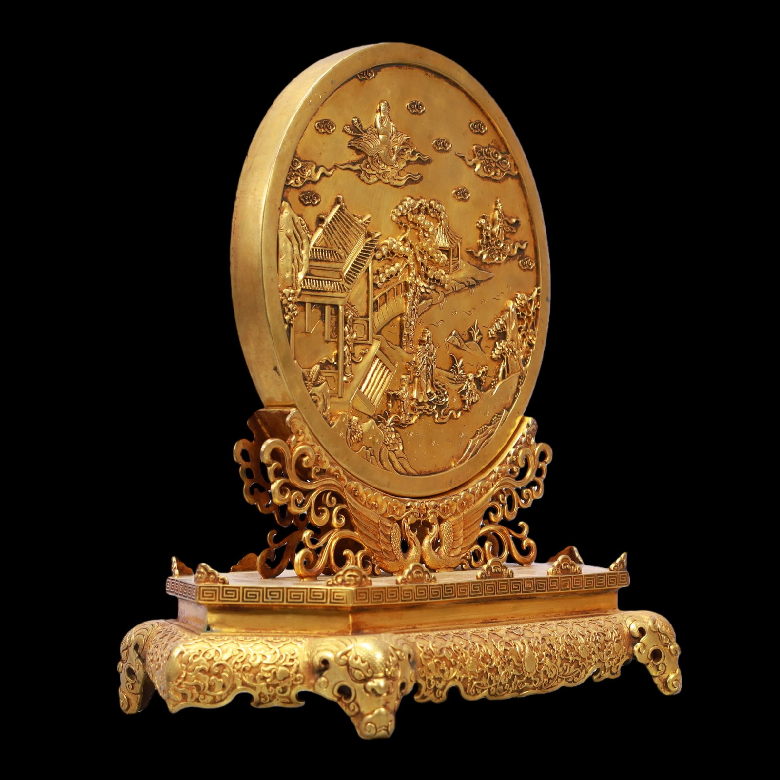 A Exquisite Gilt Bronze Landscape and Figure Pattern Lotus Pattern Screen - 6