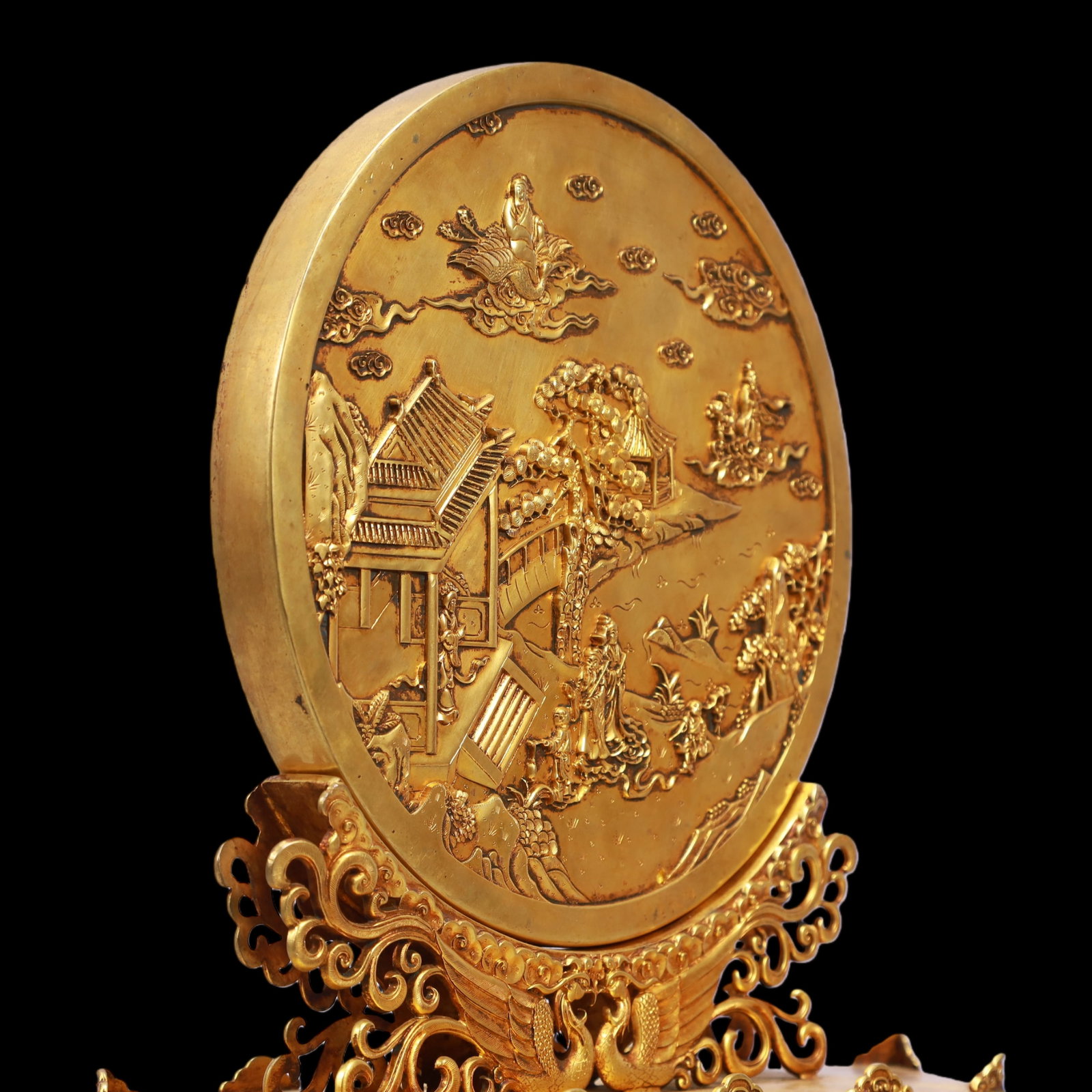 A Exquisite Gilt Bronze Landscape and Figure Pattern Lotus Pattern Screen - 7