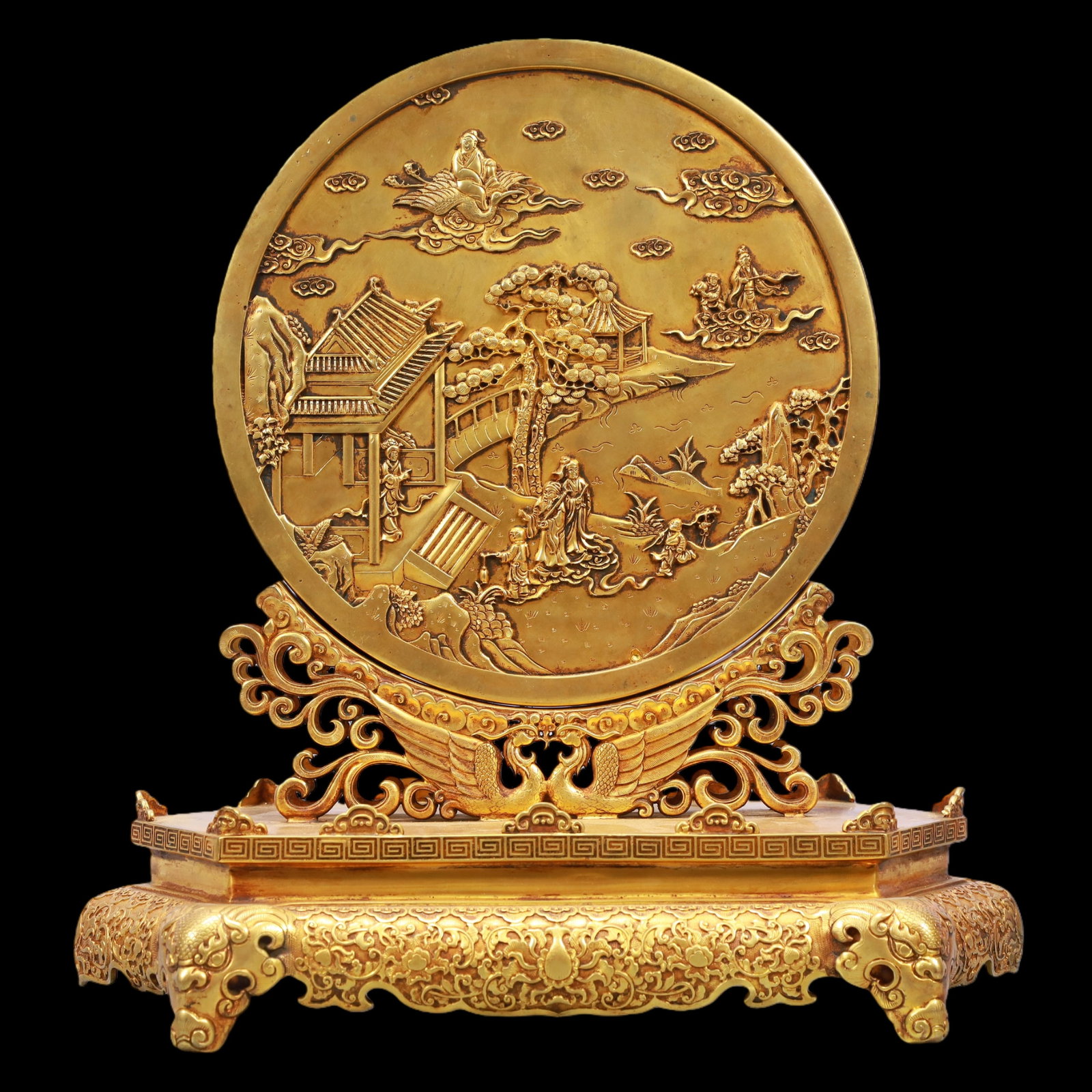 A Exquisite Gilt Bronze Landscape and Figure Pattern Lotus Pattern Screen - 8