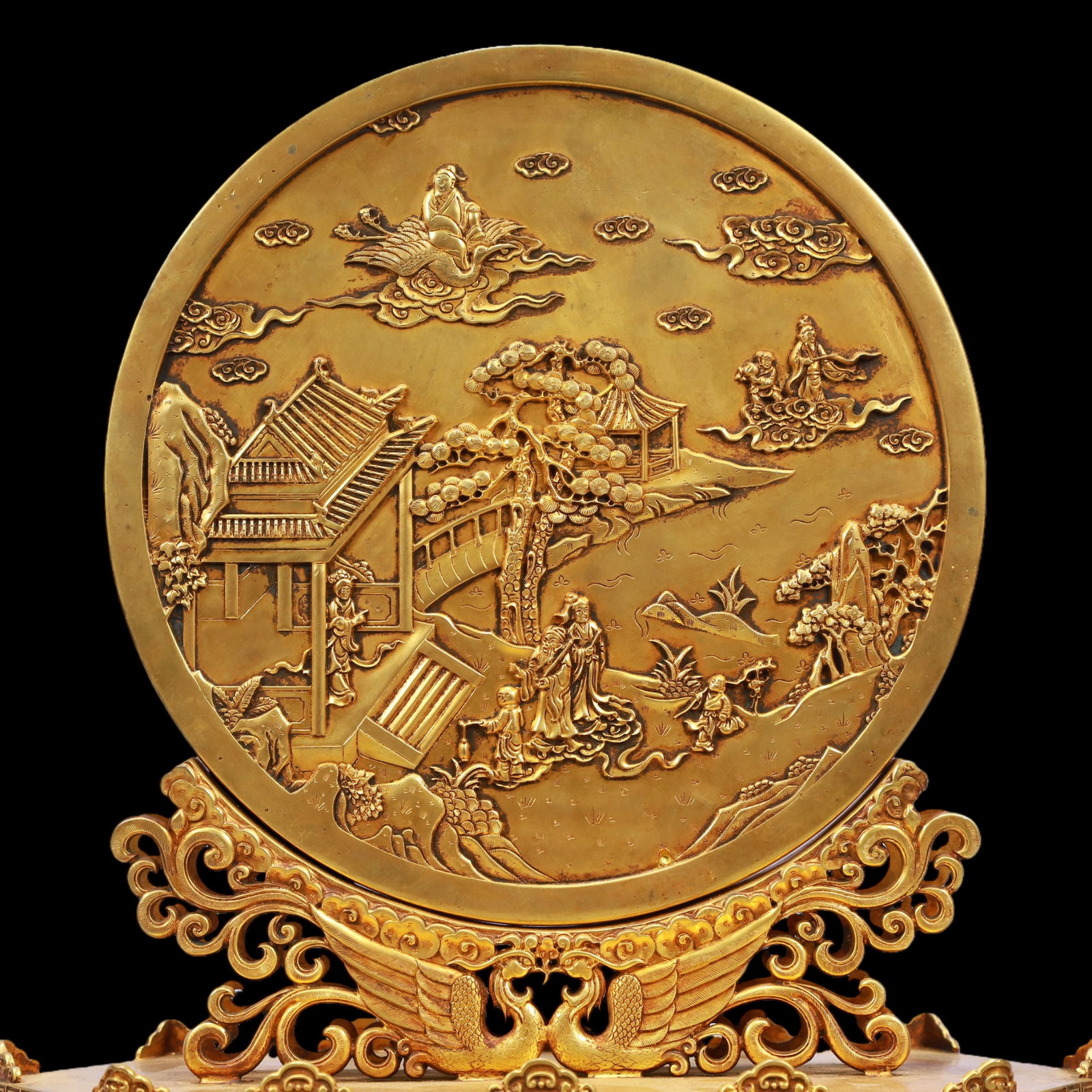 A Exquisite Gilt Bronze Landscape and Figure Pattern Lotus Pattern Screen - 9