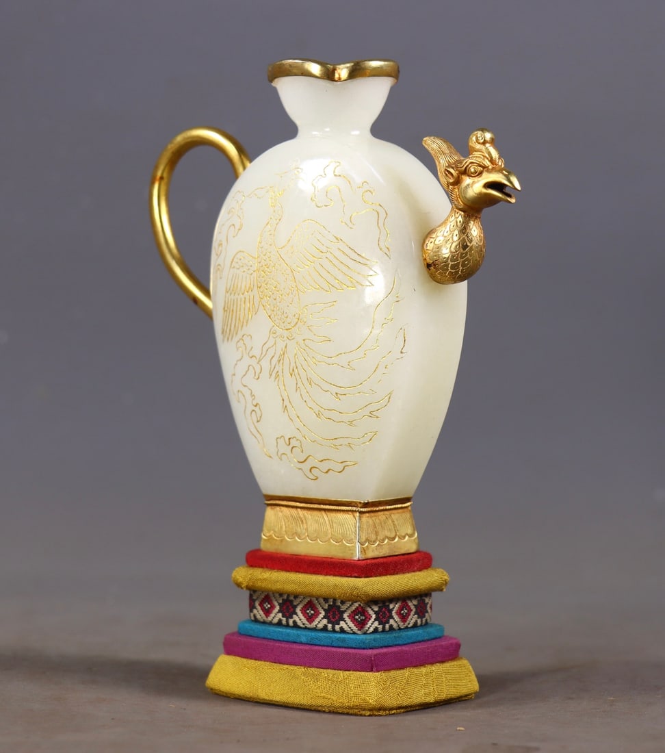 An Exquisite White Jade Covered silver-gilt Phoenix Pattern Ewer - 3