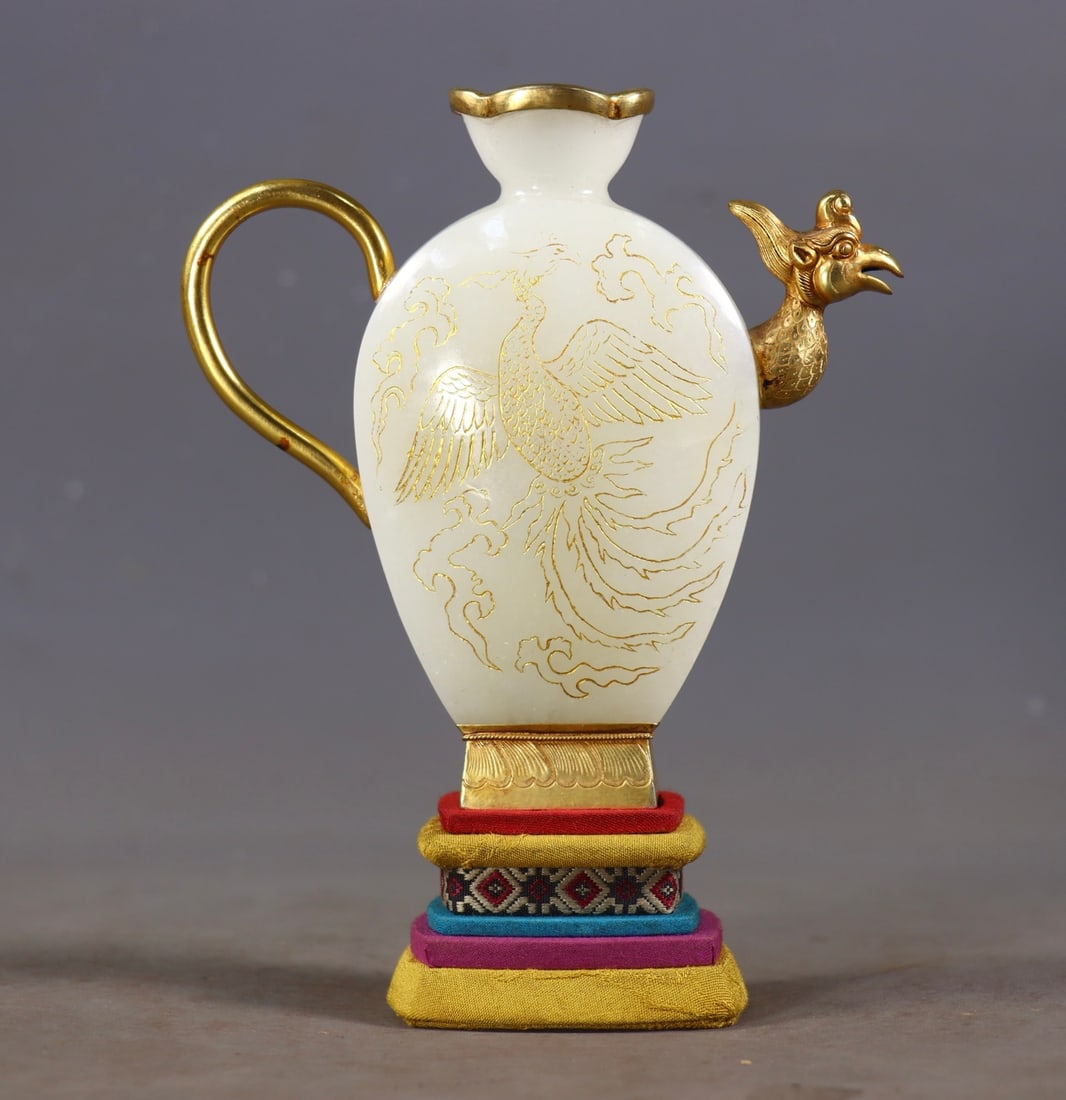 An Exquisite White Jade Covered silver-gilt Phoenix Pattern Ewer - 4