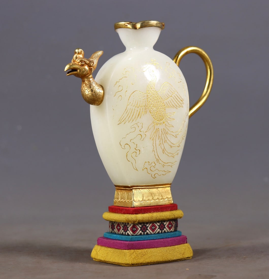 An Exquisite White Jade Covered silver-gilt Phoenix Pattern Ewer - 5