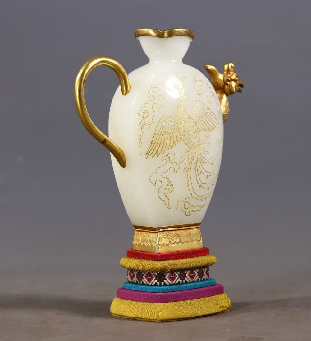 An Exquisite White Jade Covered silver-gilt Phoenix Pattern Ewer - 6