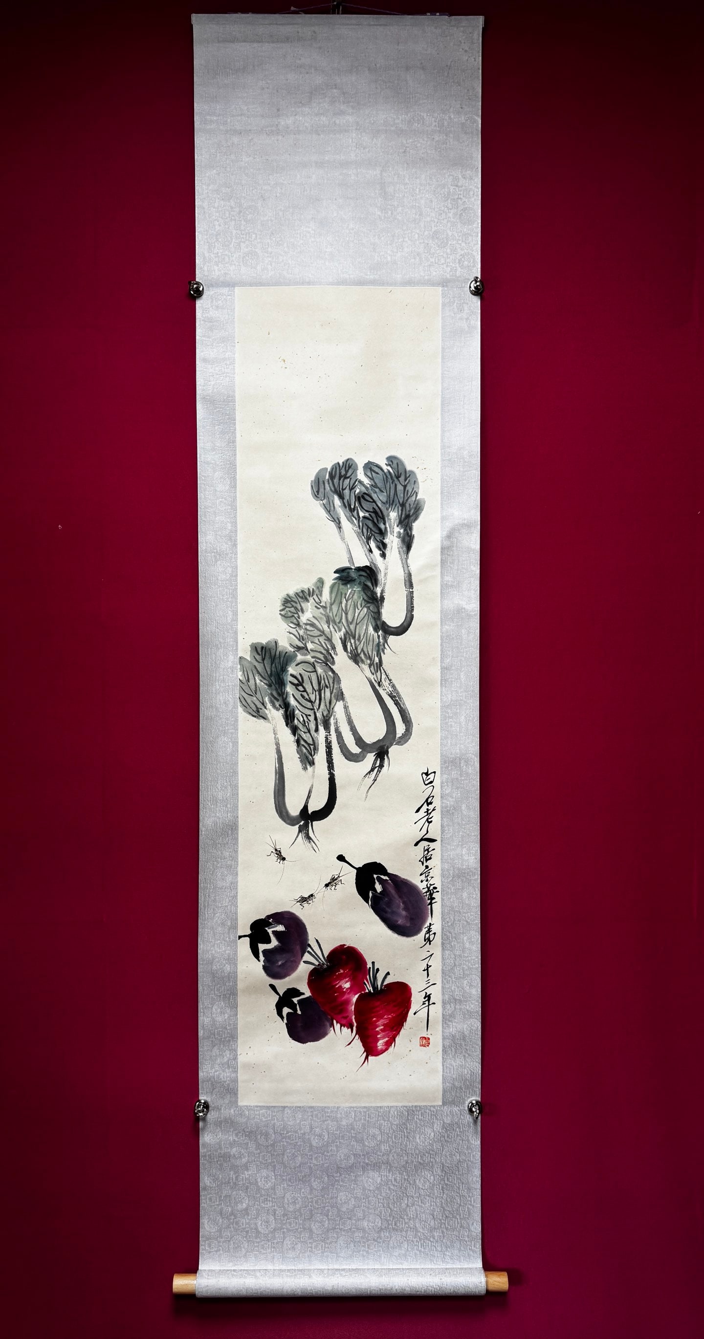 A Chinese Vertical Scroll Ink Painting of vegetables and fruits on Paper: A Chinese Vertical Scroll Ink Painting of vegetables and fruits on PaperQi baishi Without frame Size:138cmx34cm (The Dimensions Of All Batches Are Manually Measured.If You Need More Detailed