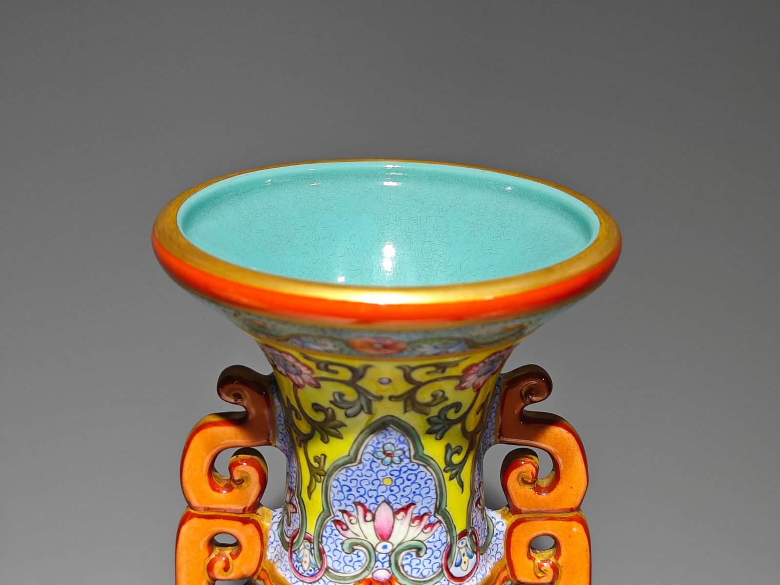 An Exquisite Enamel Ruby Red-Glazed Painted Gold Lotus Pattern Double-Ears Vase - 5