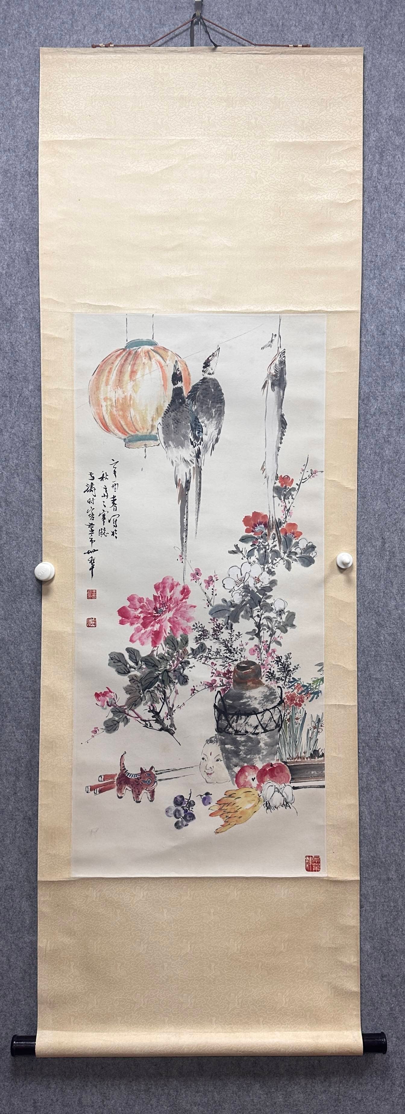 A Chinese Vertical Scroll Ink Painting of Flower and Bird on Paper: A Chinese Vertical Scroll Ink Painting of Flower and Bird on Paper Wang xuetao Without frame Size:45cmx102cm (The Dimensions Of All Batches Are Manually Measured.If You Need More Detailed