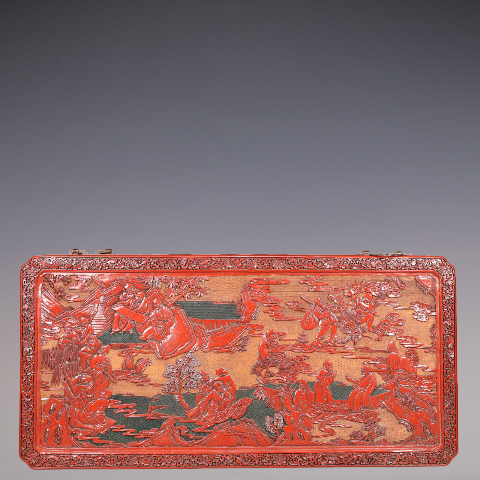 A Exquisite Carved Red Lacquer Lotus Pattern Landscape and Figure Pattern Hanging Panel: A Exquisite Carved Red Lacquer Lotus Pattern Landscape and Figure Pattern Hanging Panel Qing Dynasty, China Qianlong Six-character Mark Size:88cmx42cm Weight:6600g (The Dimensions Of All Batches Are M