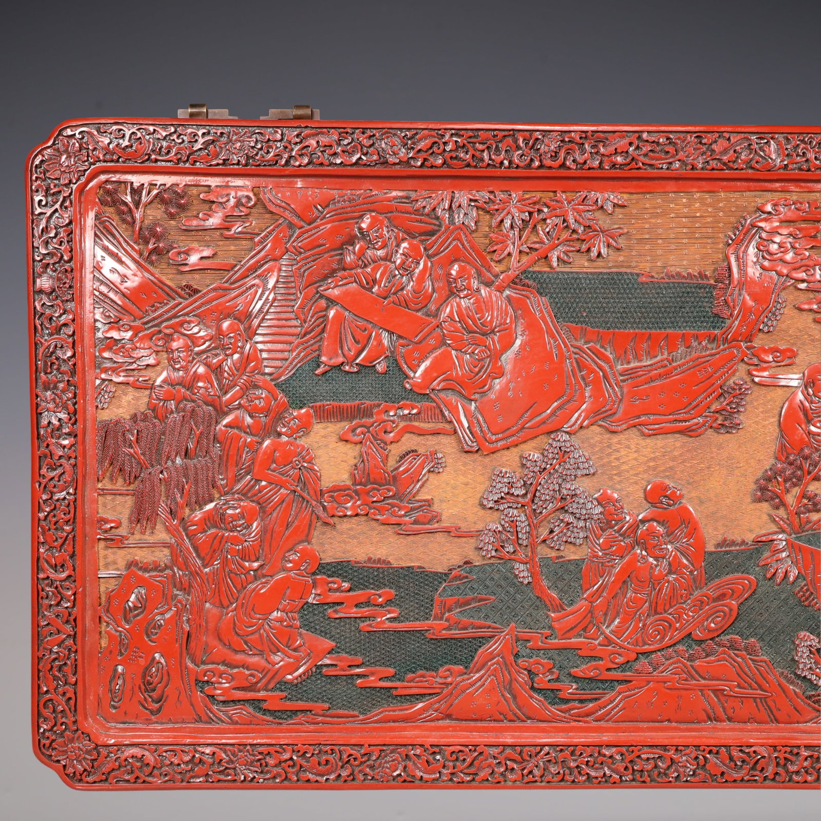A Exquisite Carved Red Lacquer Lotus Pattern Landscape and Figure Pattern Hanging Panel - 2