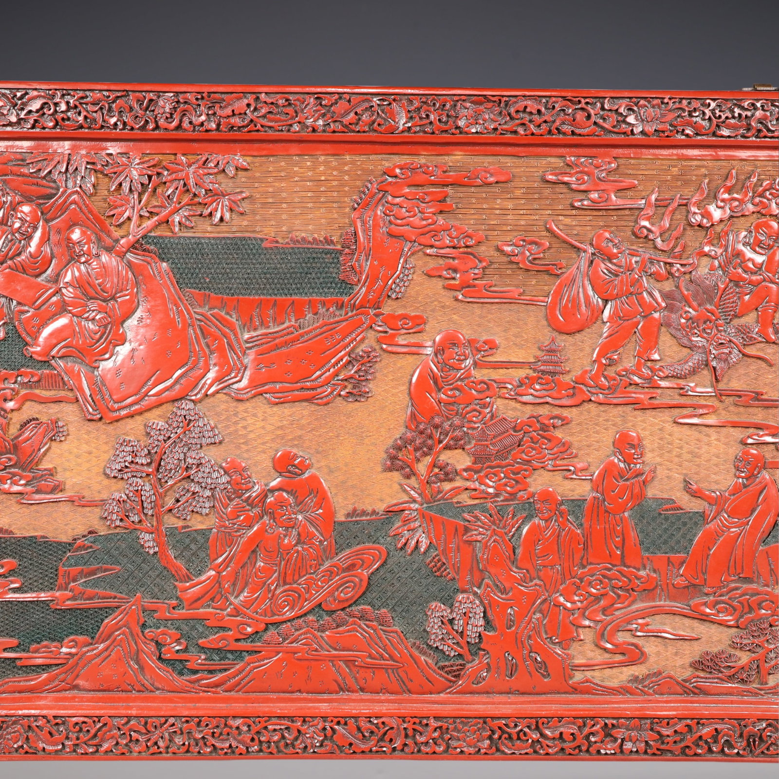 A Exquisite Carved Red Lacquer Lotus Pattern Landscape and Figure Pattern Hanging Panel - 3