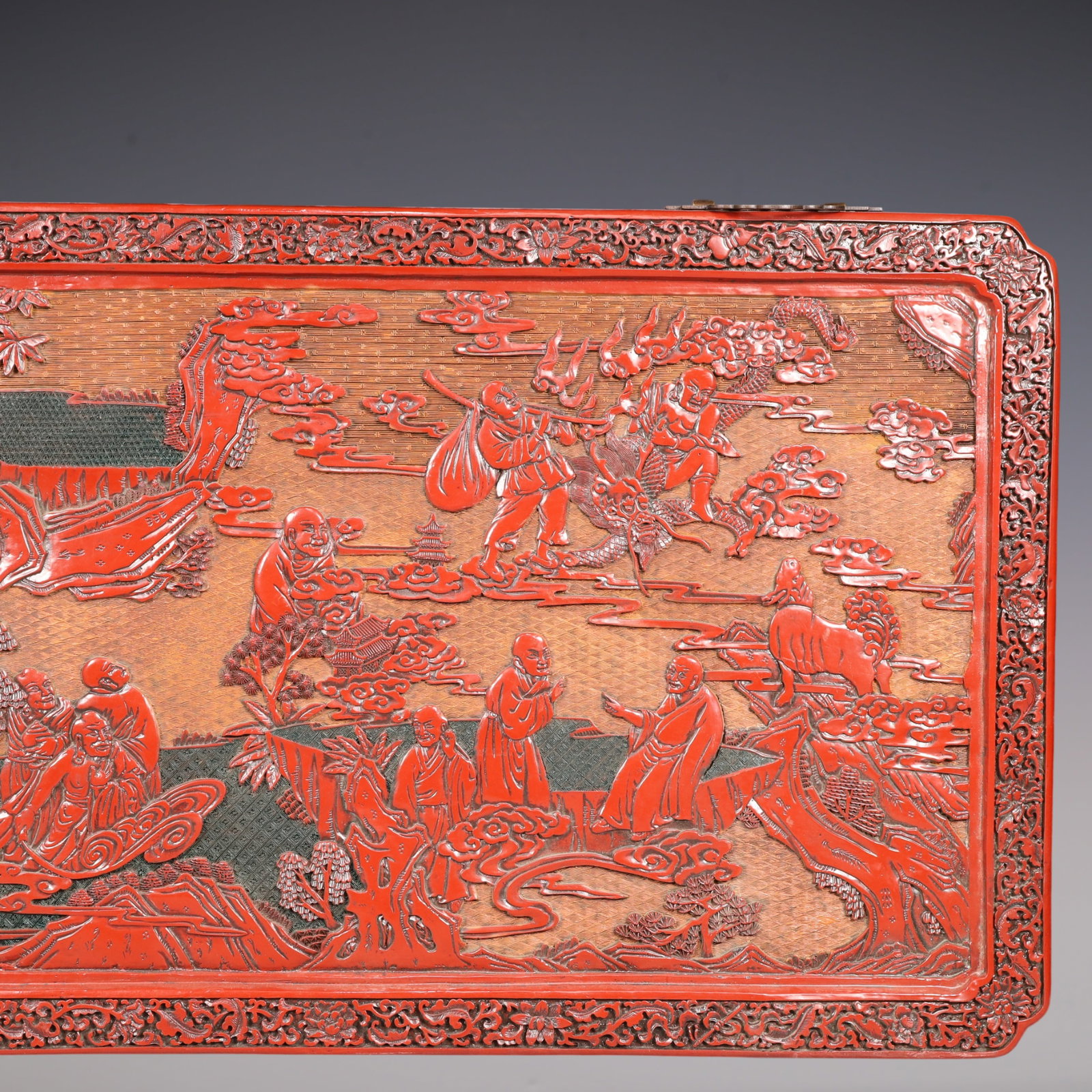 A Exquisite Carved Red Lacquer Lotus Pattern Landscape and Figure Pattern Hanging Panel - 4