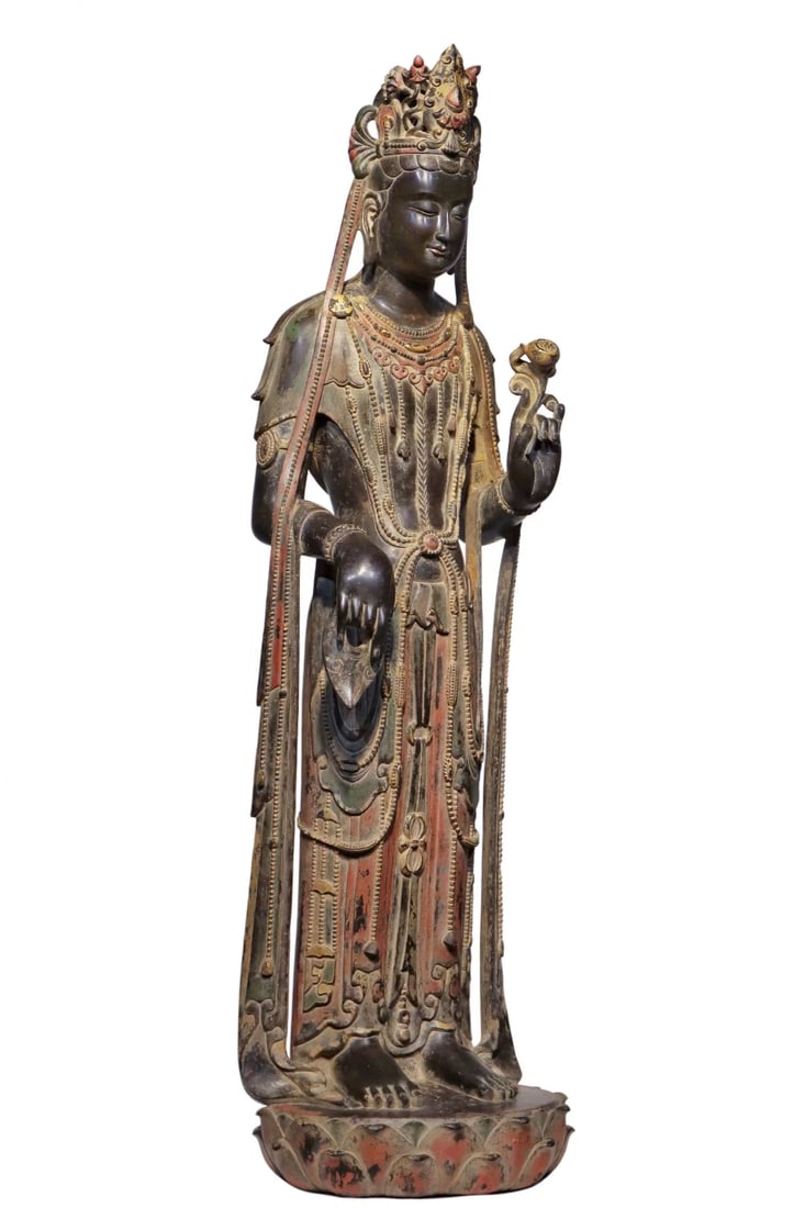 An Exquisite Limestone Painted Color Statue of Bodhisattva: An Exquisite Limestone Painted Color Statue of Bodhisattva N.Qi , China Size:138cm (The Dimensions Of All Batches Are Manually Measured.If You Need More Detailed Information, Please Contact Our