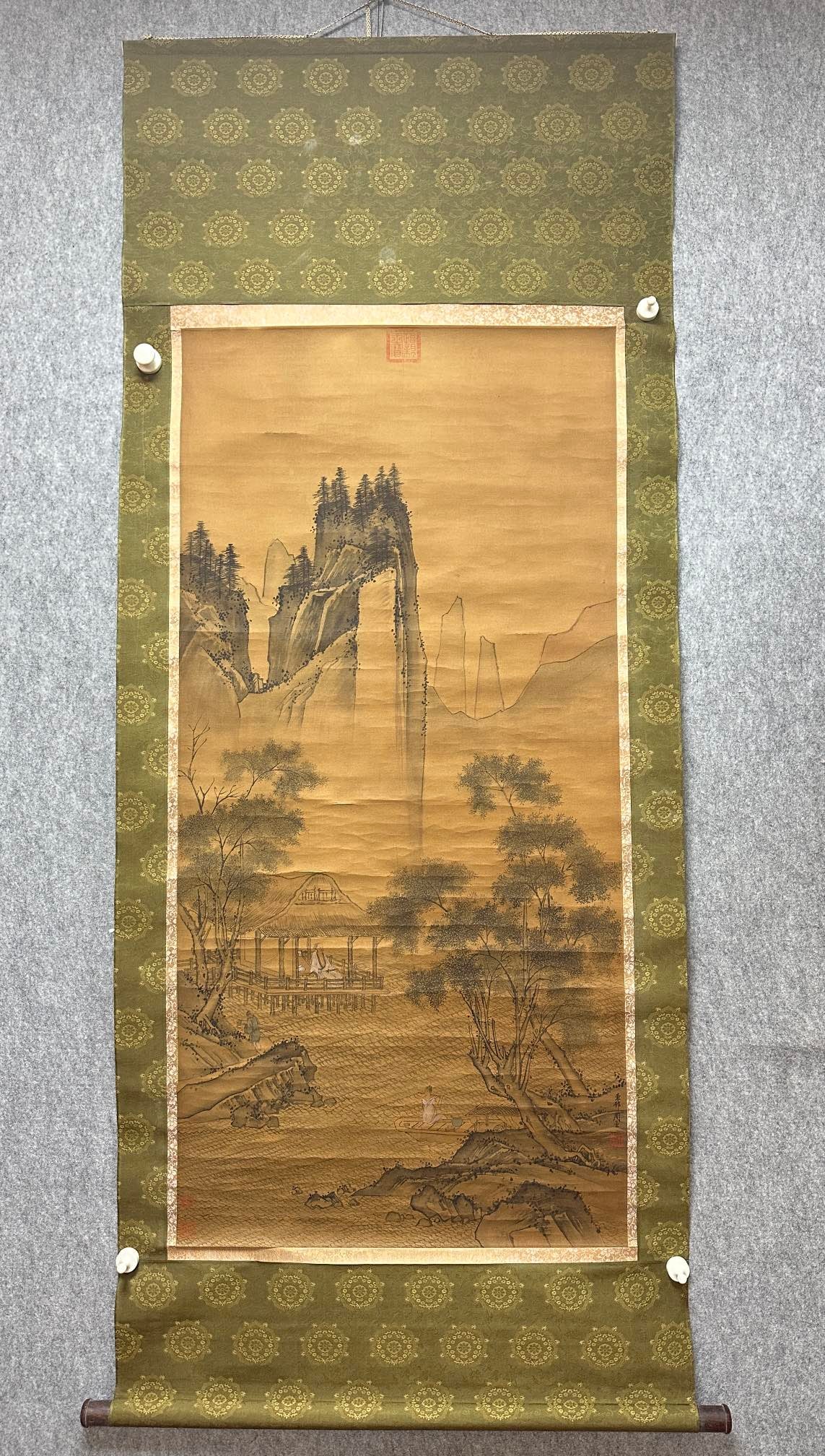 A Chinese Vertical Scroll Ink Painting of Landscape and Figure on Paper: A Chinese Vertical Scroll Ink Painting of Landscape and Figure on Paper Zhou chen Without frame Size:61cmx127cm (The Dimensions Of All Batches Are Manually Measured.If You Need More Detailed