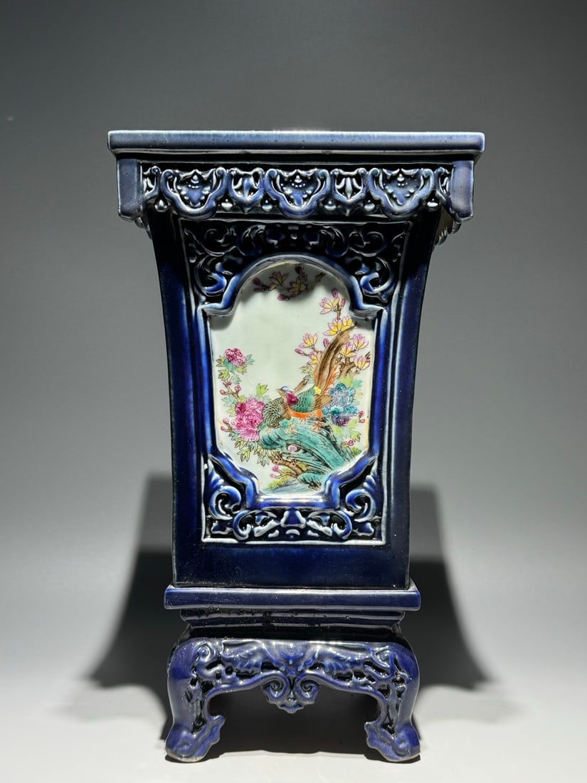An Exquisite Famille-Rose Ji Blue Glazed Flower and Bird Pattern with poem Basin: An Exquisite Famille-Rose Ji Blue Glazed Flower and Bird Pattern with poem Basin Qing Dynasty, China Size:33cmx18.5cm (The Dimensions Of All Batches Are Manually Measured.If You Need More Detailed