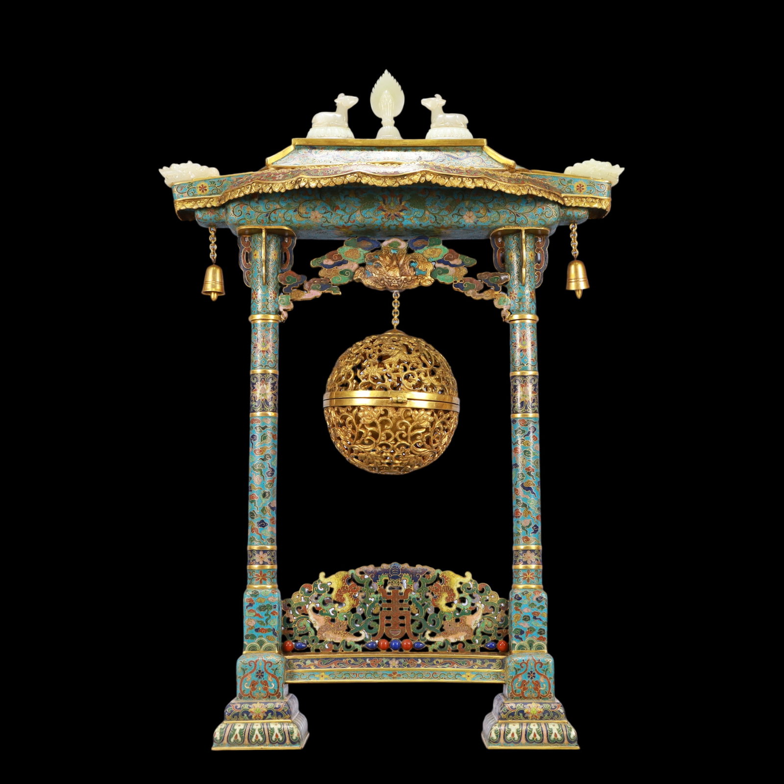 A Exquisite Cloisonne Inlaid White Jade Lotus Pattern Bats and Peach Pattern Ornament: A Exquisite Cloisonne Inlaid White Jade Lotus Pattern Bats and Peach Pattern Ornament Qing Dynasty, China Size:44cmx20cmx64cm Weight:7250g (The Dimensions Of All Batches Are Manually Measured.If You