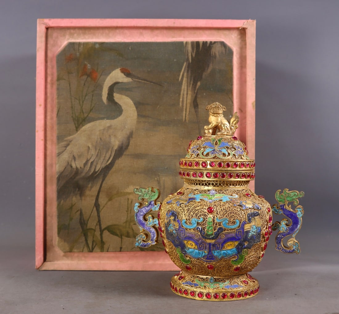 An Exquisite Gilt Bronze Inlaid Gems Beast-Face Pattern Double-Ears Censer: An Exquisite Gilt Bronze Inlaid Gems Beast-Face Pattern Double-Ears Censer Qing Dynasty, China Size:19.5cmx17cmx10cm Weight:543g (The Dimensions Of All Batches Are Manually Measured.If You Need More