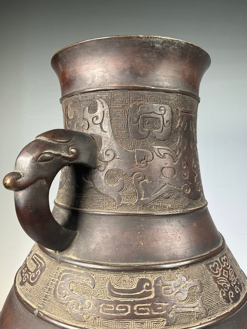An Exquisite Bronze Beast-Face Pattern Double-Ears Vase - 6