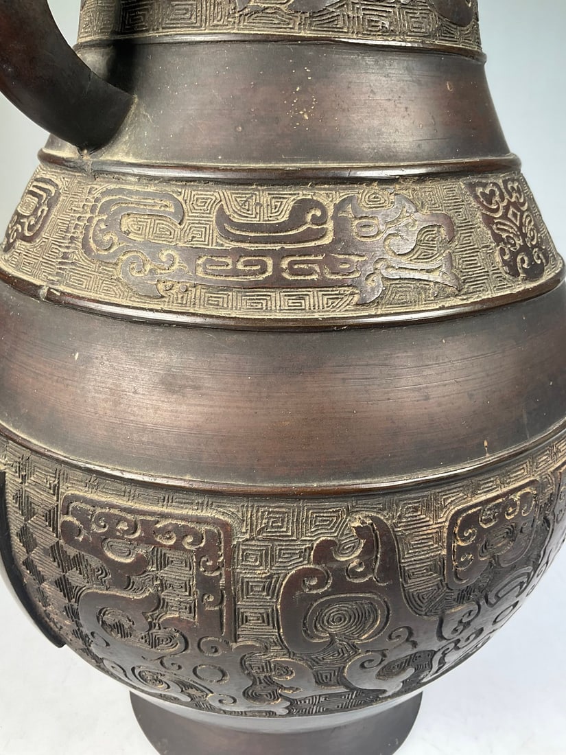 An Exquisite Bronze Beast-Face Pattern Double-Ears Vase - 7