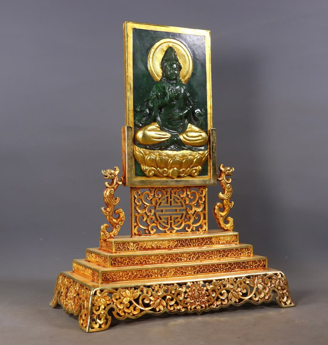 An Exquisite Gilt Bronze Inlaid Jasper Buddha Statue Pattern Dragon Pattern Screen - 2