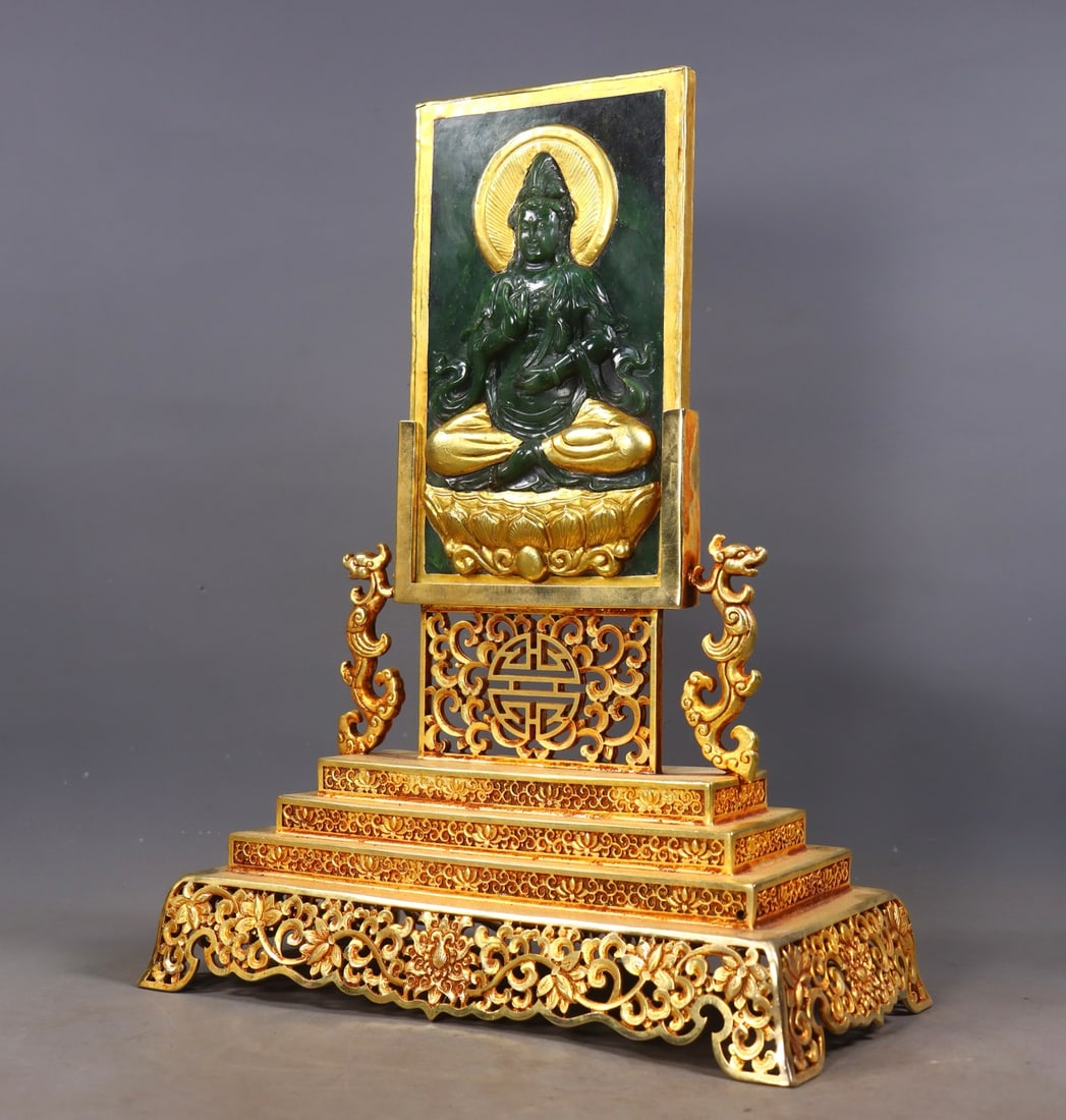 An Exquisite Gilt Bronze Inlaid Jasper Buddha Statue Pattern Dragon Pattern Screen - 3