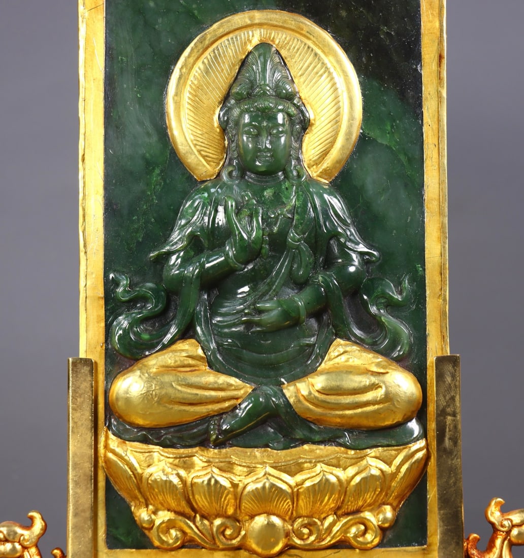 An Exquisite Gilt Bronze Inlaid Jasper Buddha Statue Pattern Dragon Pattern Screen - 6