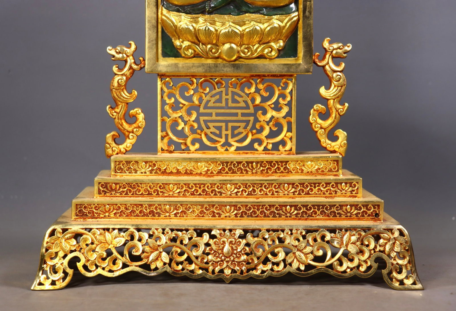 An Exquisite Gilt Bronze Inlaid Jasper Buddha Statue Pattern Dragon Pattern Screen - 7