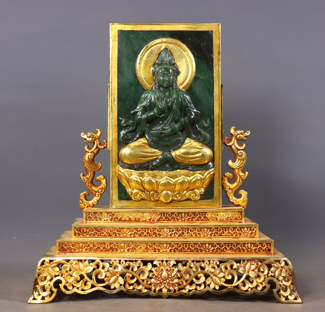 An Exquisite Gilt Bronze Inlaid Jasper Buddha Statue Pattern Dragon Pattern Screen - 8