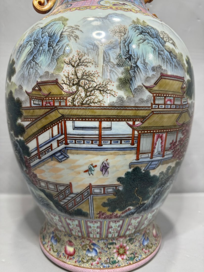 An Exquisite Enamel Lotus Pattern Landscape Pattern Double-Ears Vase - 6
