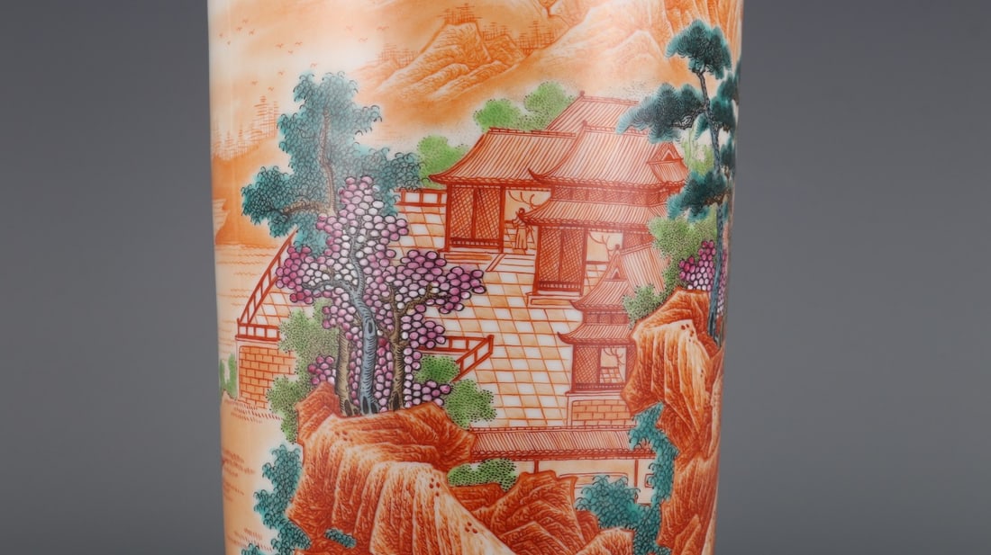 An Exquisite Iron-Red Landscape Pattern with poem Vase - 6