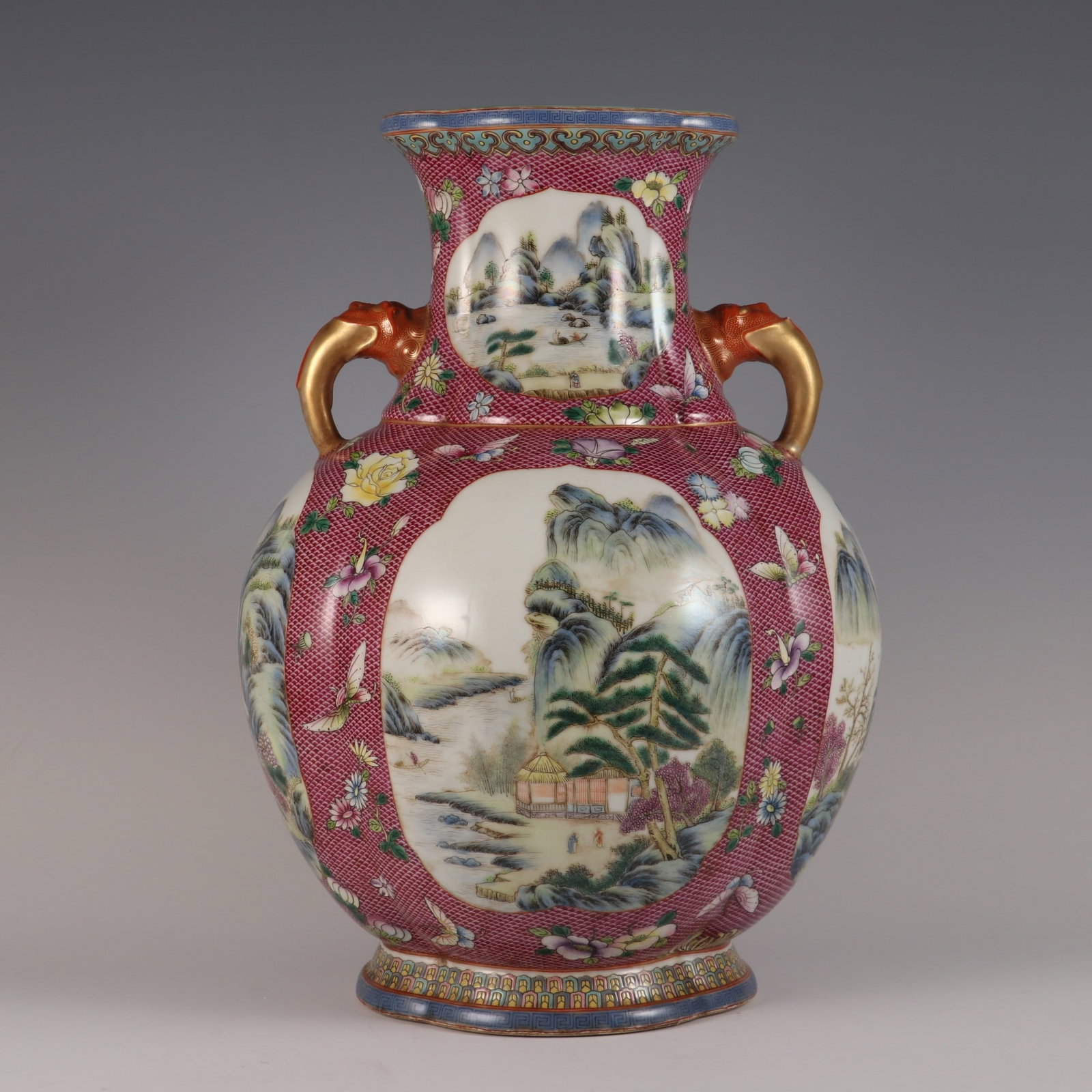 An Exquisite Famille-Rose Flower Pattern Landscape Pattern Double-Ears Vase: An Exquisite Famille-Rose Flower Pattern Landscape Pattern Double-Ears Vase Qing Dynasty, China Qianlong Six-character Mark Size:42.5cmx30cm (The Dimensions Of All Batches Are Manually Measured.If You