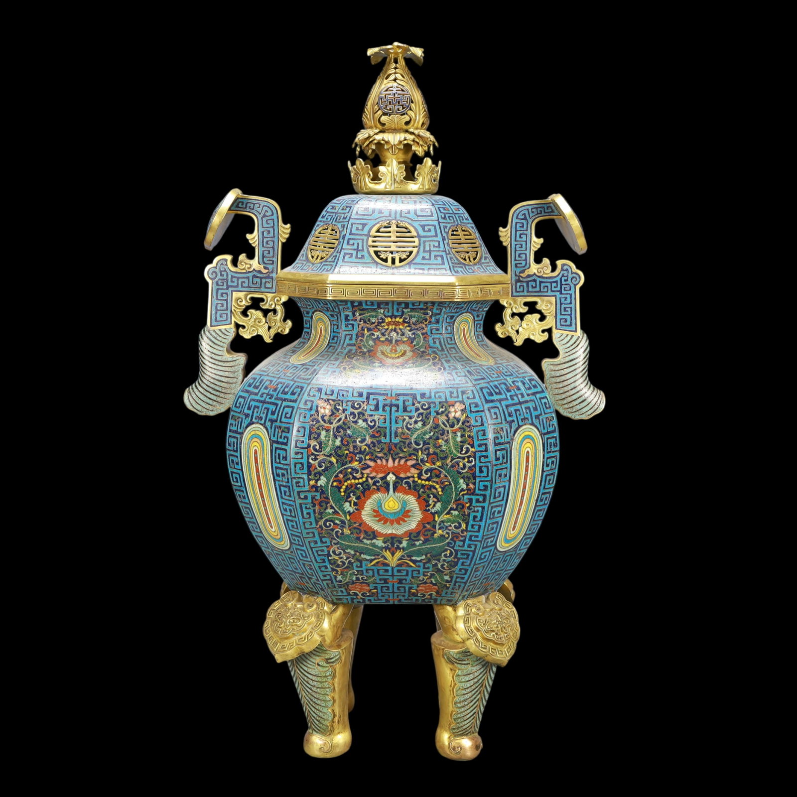 A Exquisite Cloisonne Flower Pattern Double-Ears Censer: A Exquisite Cloisonne Flower Pattern Double-Ears Censer Qing Dynasty, China Qianlong Six-character Mark Size::48cmx35cmx75cm Weight:15000g (The Dimensions Of All Batches Are Manually Measured.If You