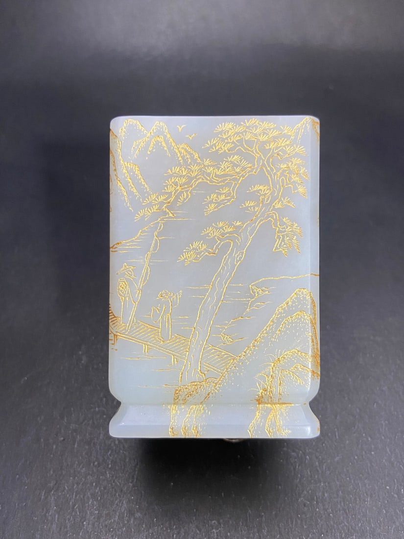 An Exquisite White Jade Landscape and Figure Pattern with poem Brush Pot: An Exquisite White Jade Landscape and Figure Pattern with poem Brush Pot Qing Dynasty, China Size:7.9cmx5.3cmx4.35cm Weight:209g (The Dimensions Of All Batches Are Manually Measured.If You Need More