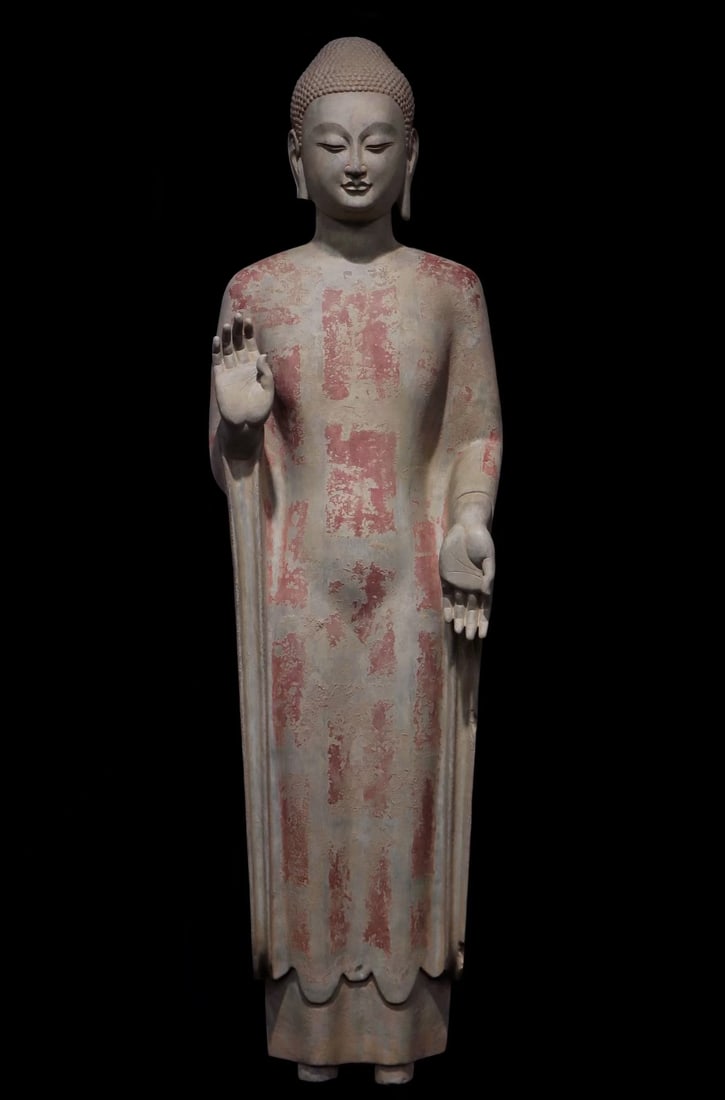 An Exquisite Limestone Painted Color Buddha Statue: An Exquisite Limestone Painted Color Buddha Statue N.Qi , China Size:120cm (The Dimensions Of All Batches Are Manually Measured.If You Need More Detailed Information, Please Contact Our Customer