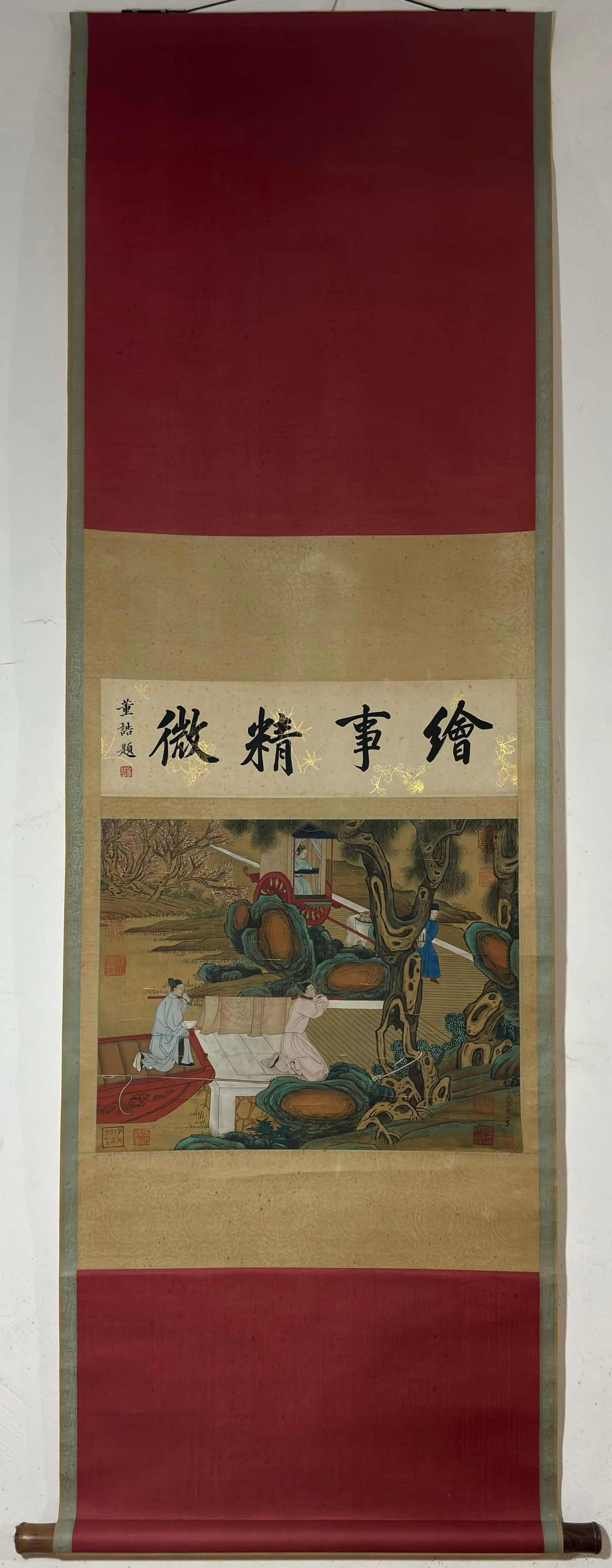 A Chinese Vertical Scroll Ink Painting of Character and Story on Silk: A Chinese Vertical Scroll Ink Painting of Character and Story on Silk Qiu ying Without frame Size:40cmx50.5cm (The Dimensions Of All Batches Are Manually Measured.If You Need More Detailed
