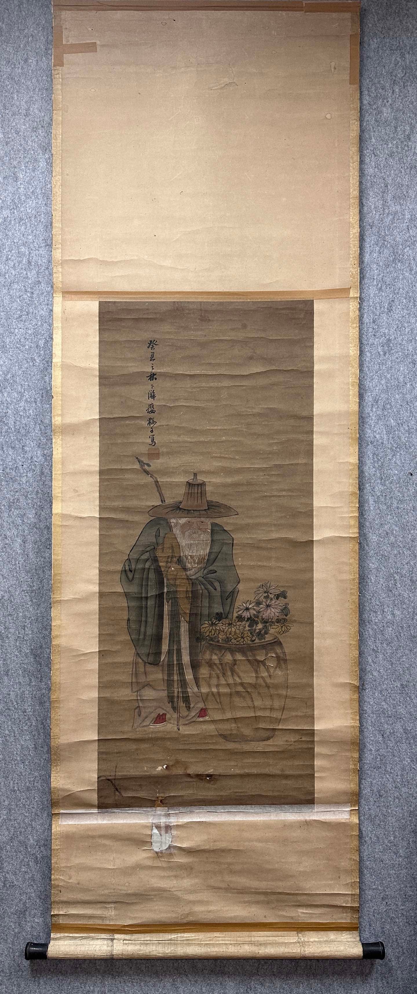 A Chinese Vertical Scroll Ink Painting of Figure on Paper: A Chinese Vertical Scroll Ink Painting of Figure on Paper Huang shen Without frame Size:46cmx108cm (The Dimensions Of All Batches Are Manually Measured.If You Need More Detailed Information, Please