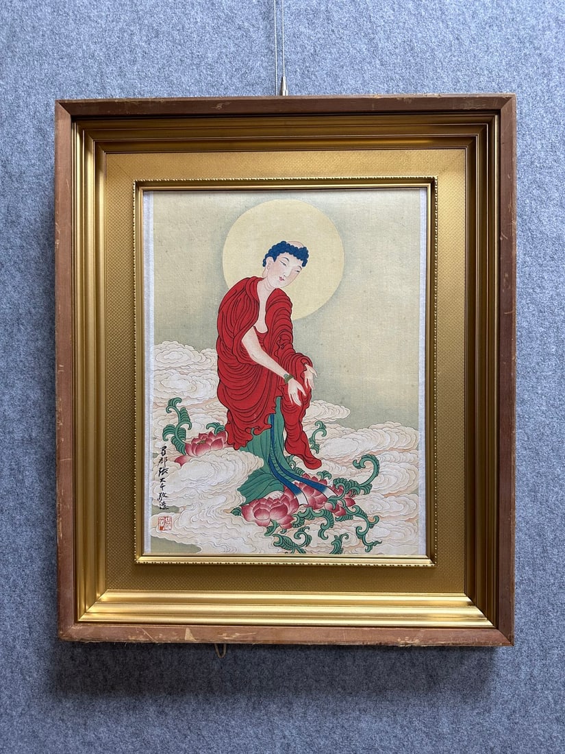 A Chinese Ink Painting of Buddha Statue on Silk With Frame: A Chinese Ink Painting of Buddha Statue on Silk With Frame Zhang daqian Without frame Size:30cmx40cm (The Dimensions Of All Batches Are Manually Measured.If You Need More Detailed Information, Please