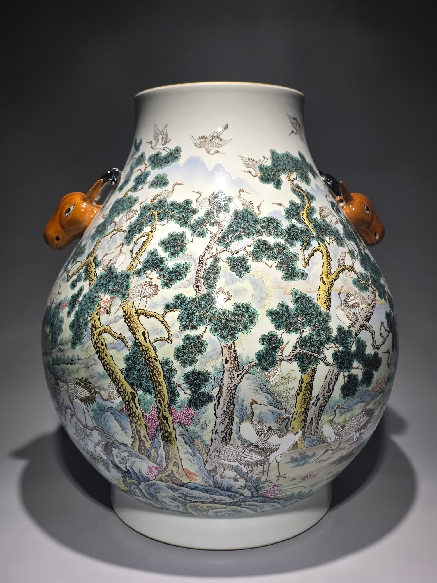 An Exquisite Famille-Rose Pine and Crane Pattern Double-Ears Vase: An Exquisite Famille-Rose Pine and Crane Pattern Double-Ears Vase Qing Dynasty, China Qianlong Six-character Mark Size:49cmx43cm (The Dimensions Of All Batches Are Manually Measured.If You Need More