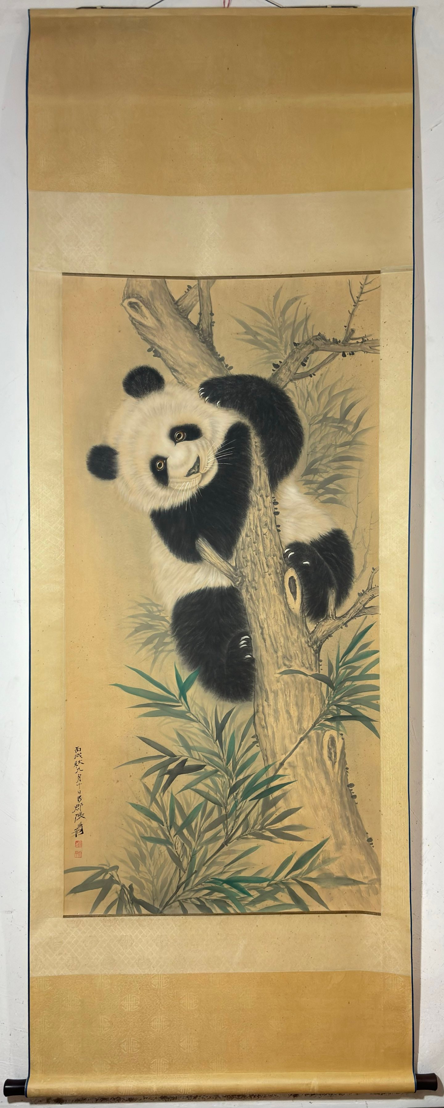 A Chinese Vertical Scroll Ink Painting of Panda on Paper: A Chinese Vertical Scroll Ink Painting of Panda on Paper Zhang daqian Without frame Size:135cmx68cm (The Dimensions Of All Batches Are Manually Measured.If You Need More Detailed Information, Please